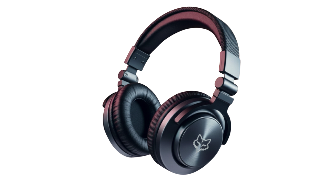 Black over-ear headphones with a logo on the ear cup against a white background.