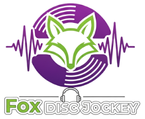 Logo: Green fox head within purple record, audio waves, 