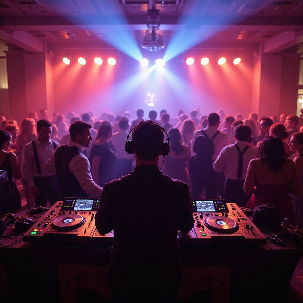 DJ at a party, backlit with lights. People dance in a crowded venue.