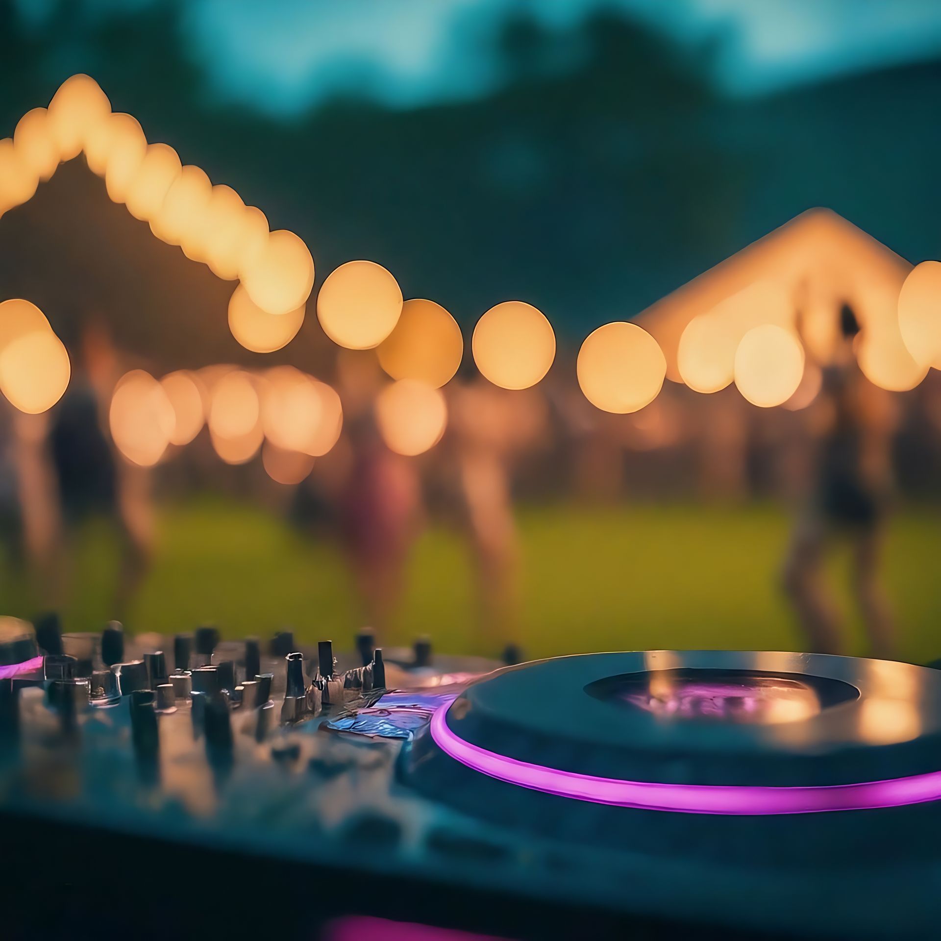 DJ mixing at outdoor party with blurred lights and dancing figures.