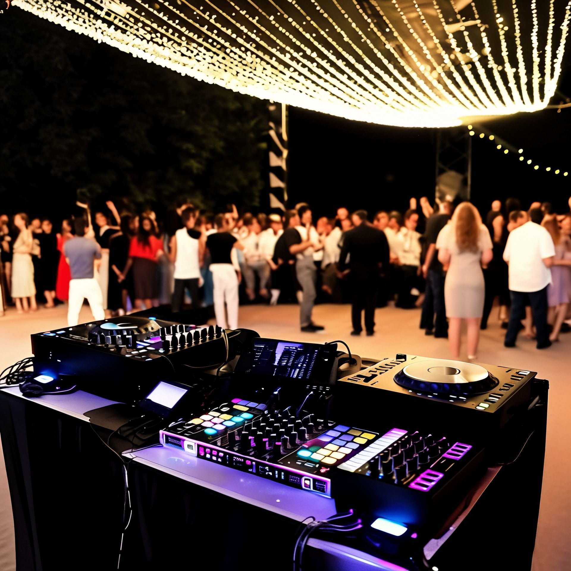 DJ setup with illuminated equipment, people dancing under string lights at an outdoor event.