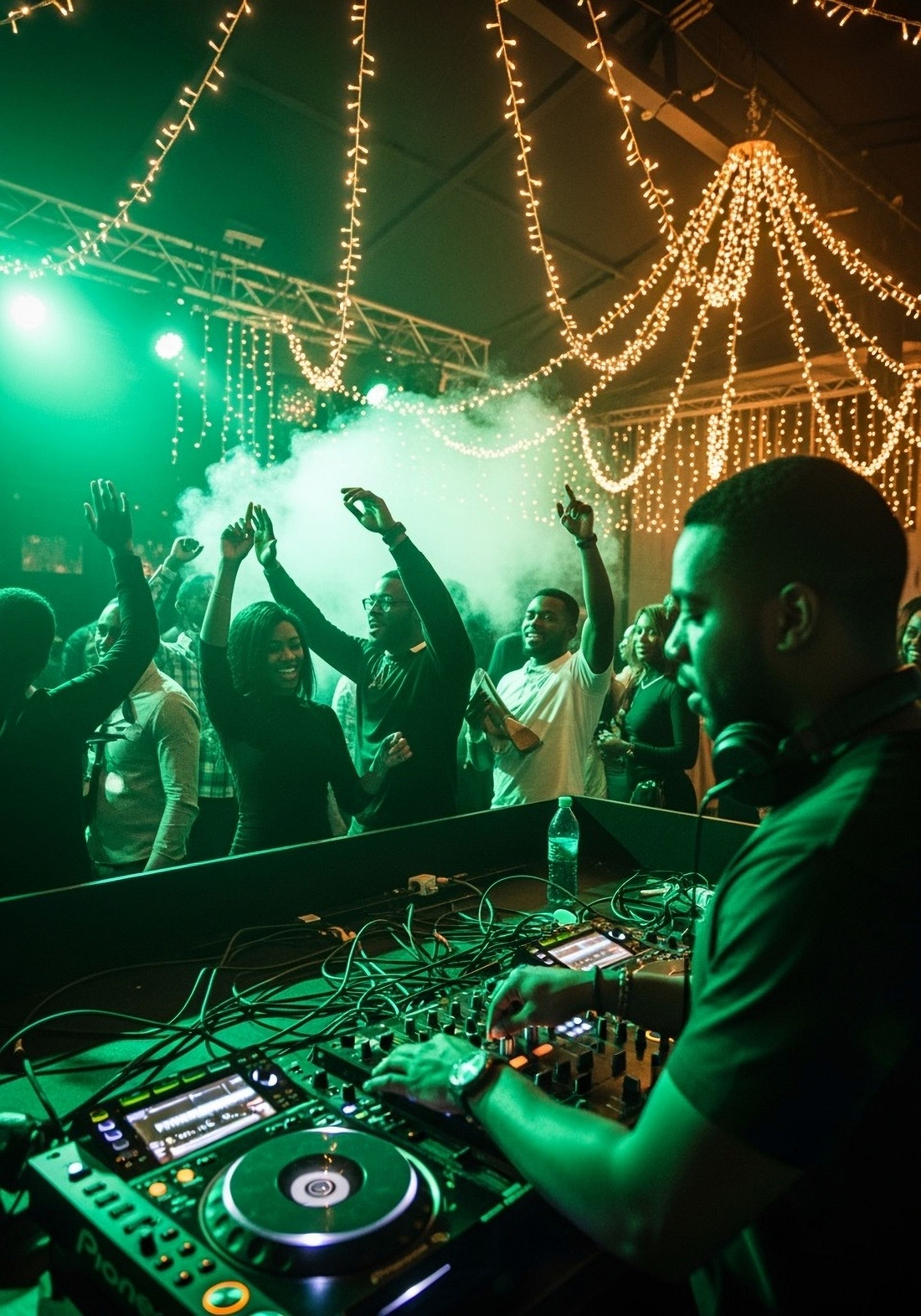 DJ at a party with dancing crowd, green and gold lighting, smoke effect.