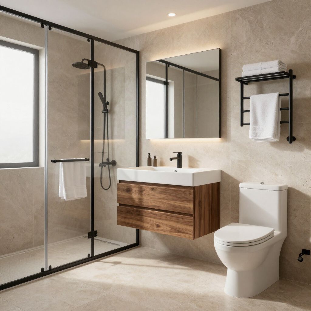 Modern bathroom with wood vanity, glass shower, and toilet. Beige tile, black accents.