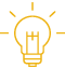 Yellow outline of a lit lightbulb, radiating light.