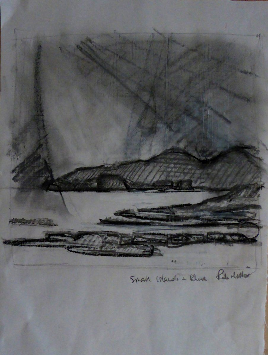 A black and white drawing of a body of water with mountains in the background