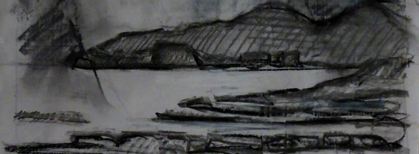 A black and white drawing of a lake with mountains in the background.