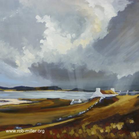 A painting of a cloudy sky over a body of water