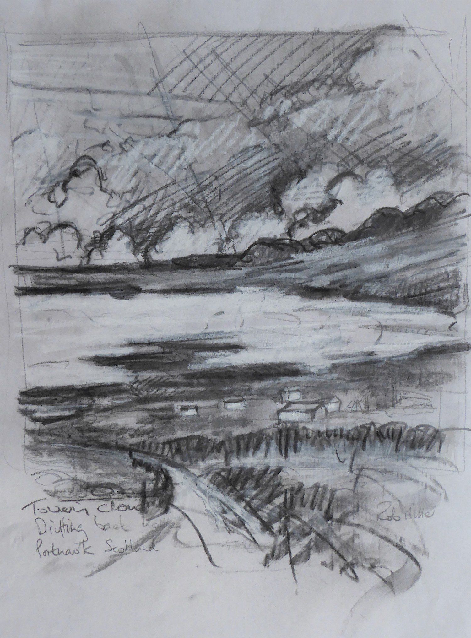 A black and white drawing of a cloudy sky over a body of water.