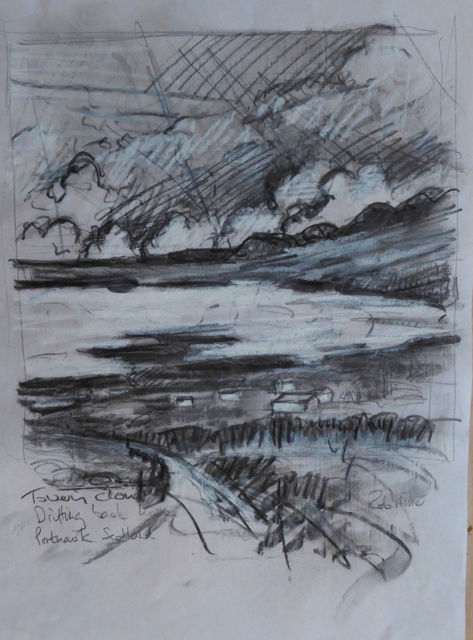 A black and white drawing of a cloudy sky over a body of water