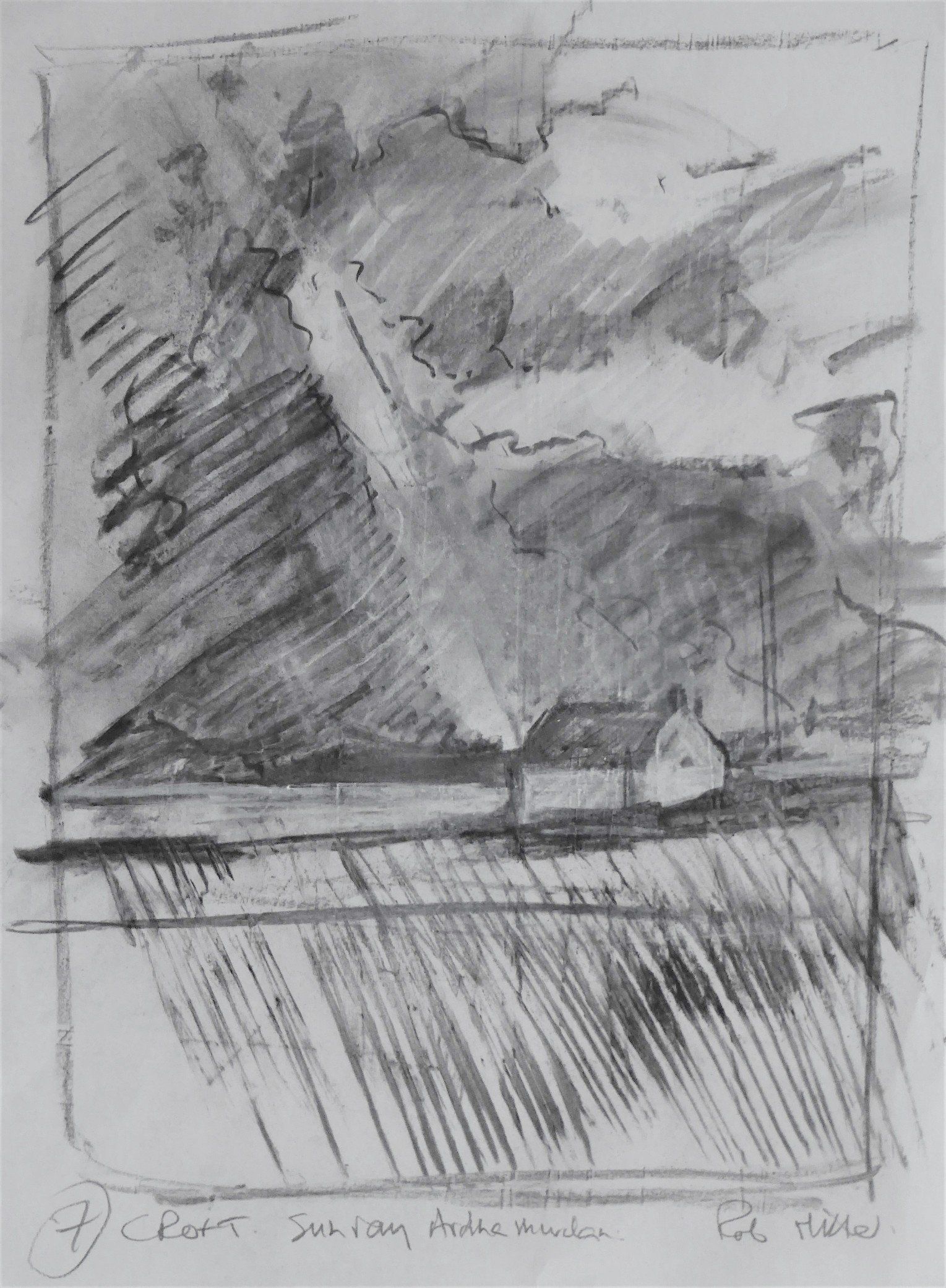 A black and white drawing of a house in the middle of a field