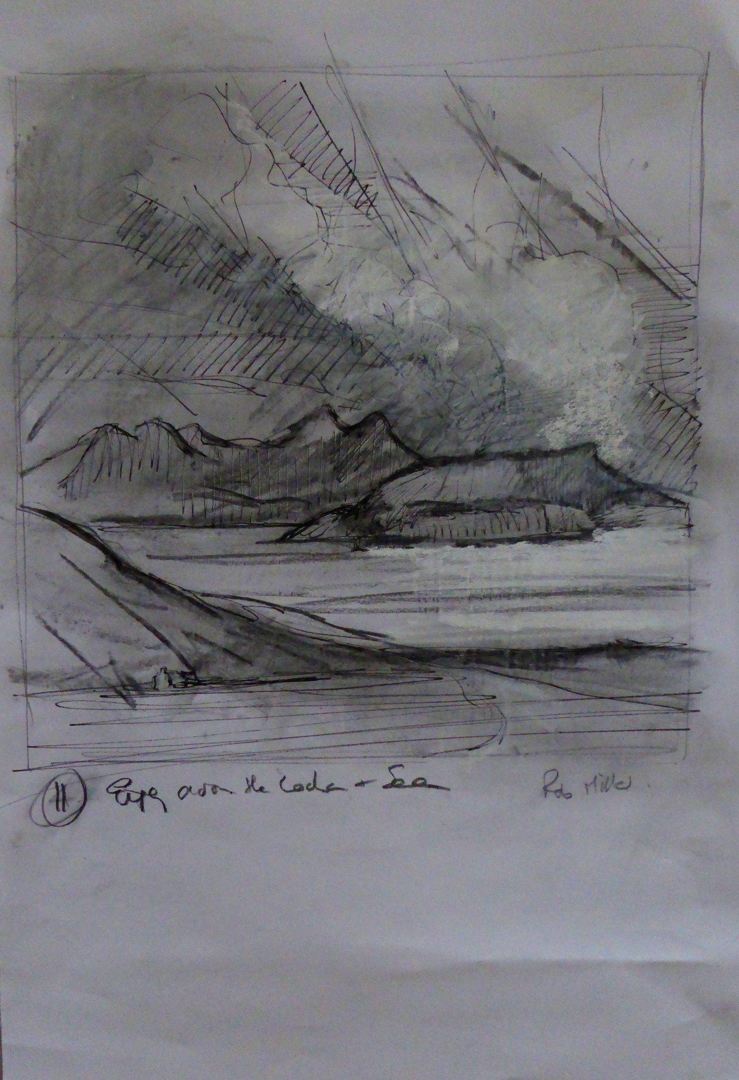 A black and white drawing of a lake with mountains in the background.