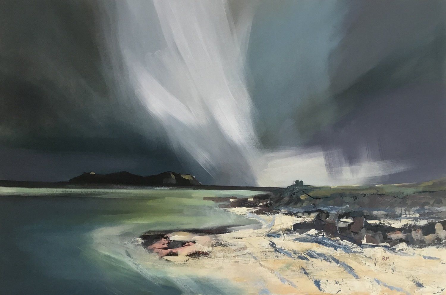 A painting of a stormy sky over a body of water.