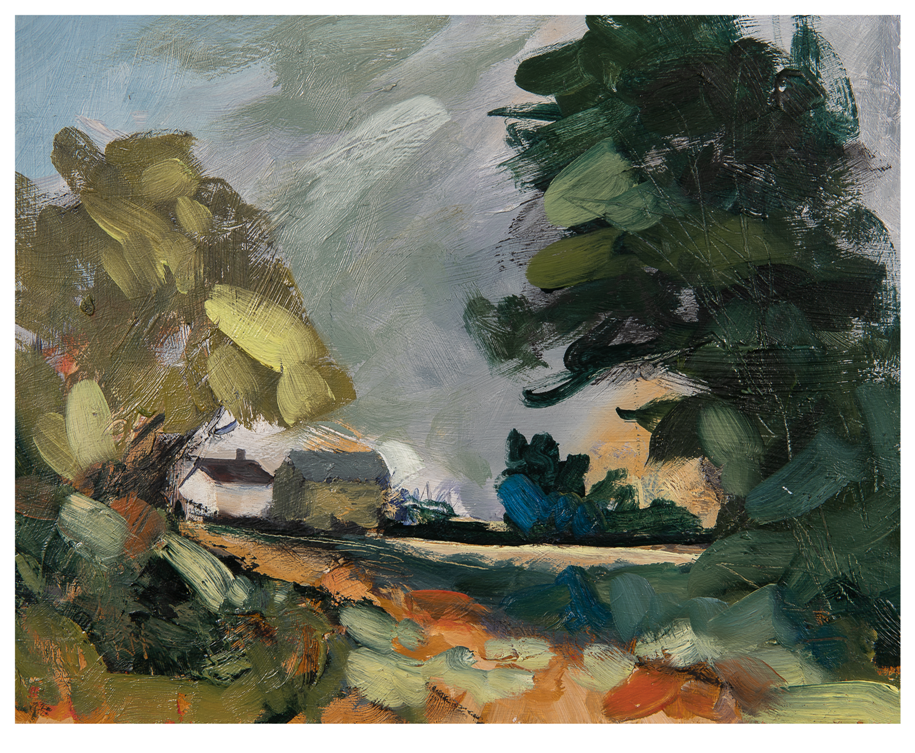 A painting of a landscape with trees and a house in the background