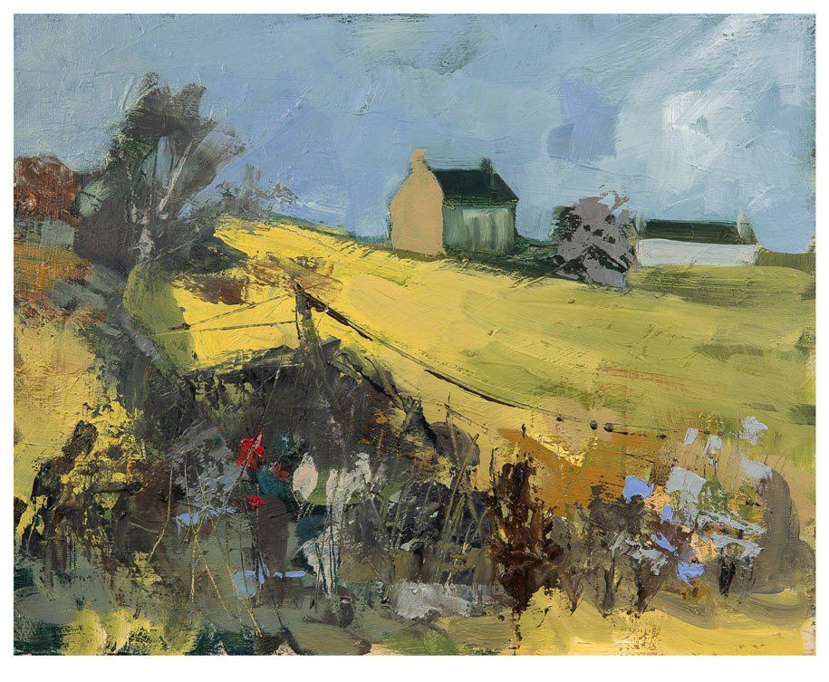 A painting of a field with a house in the background