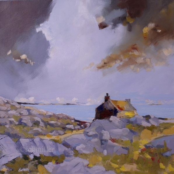 A painting of a house in the middle of a field