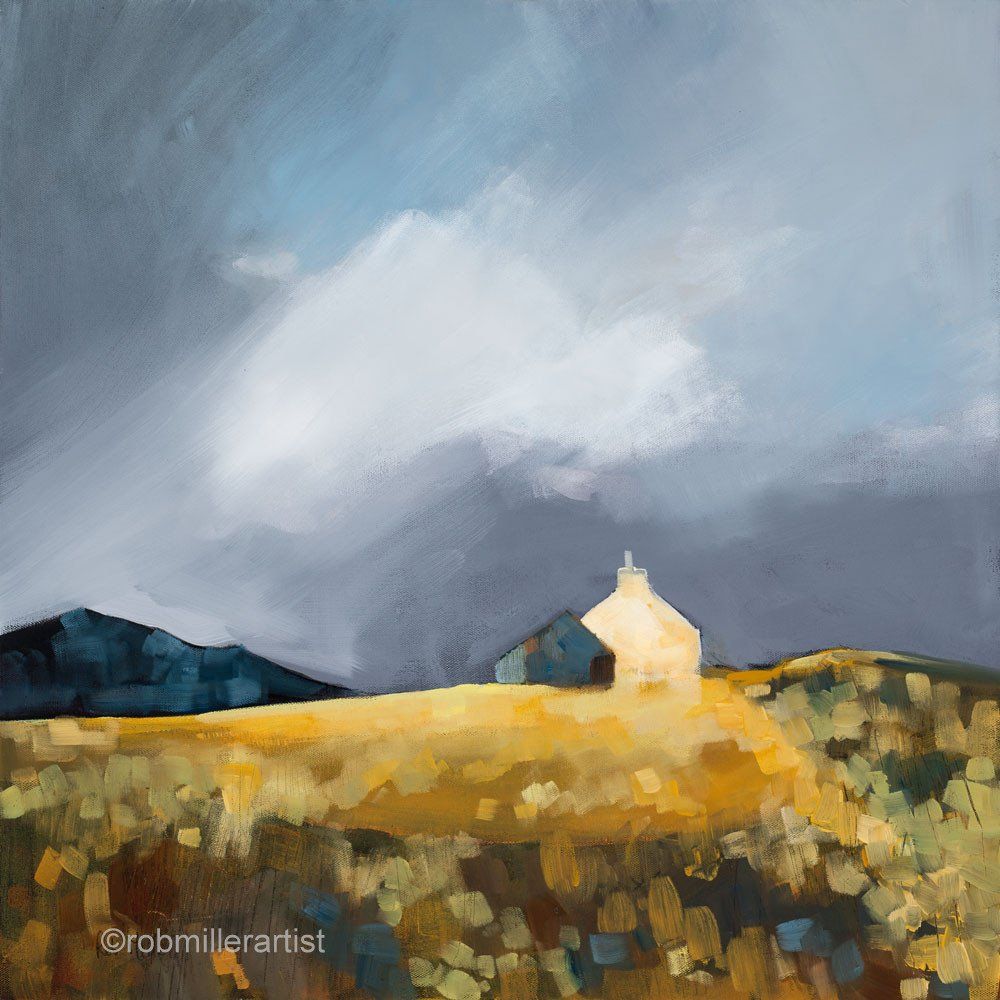 A painting of a house in the middle of a field with mountains in the background.