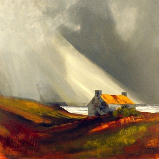 A painting of a house with the sun shining through the clouds