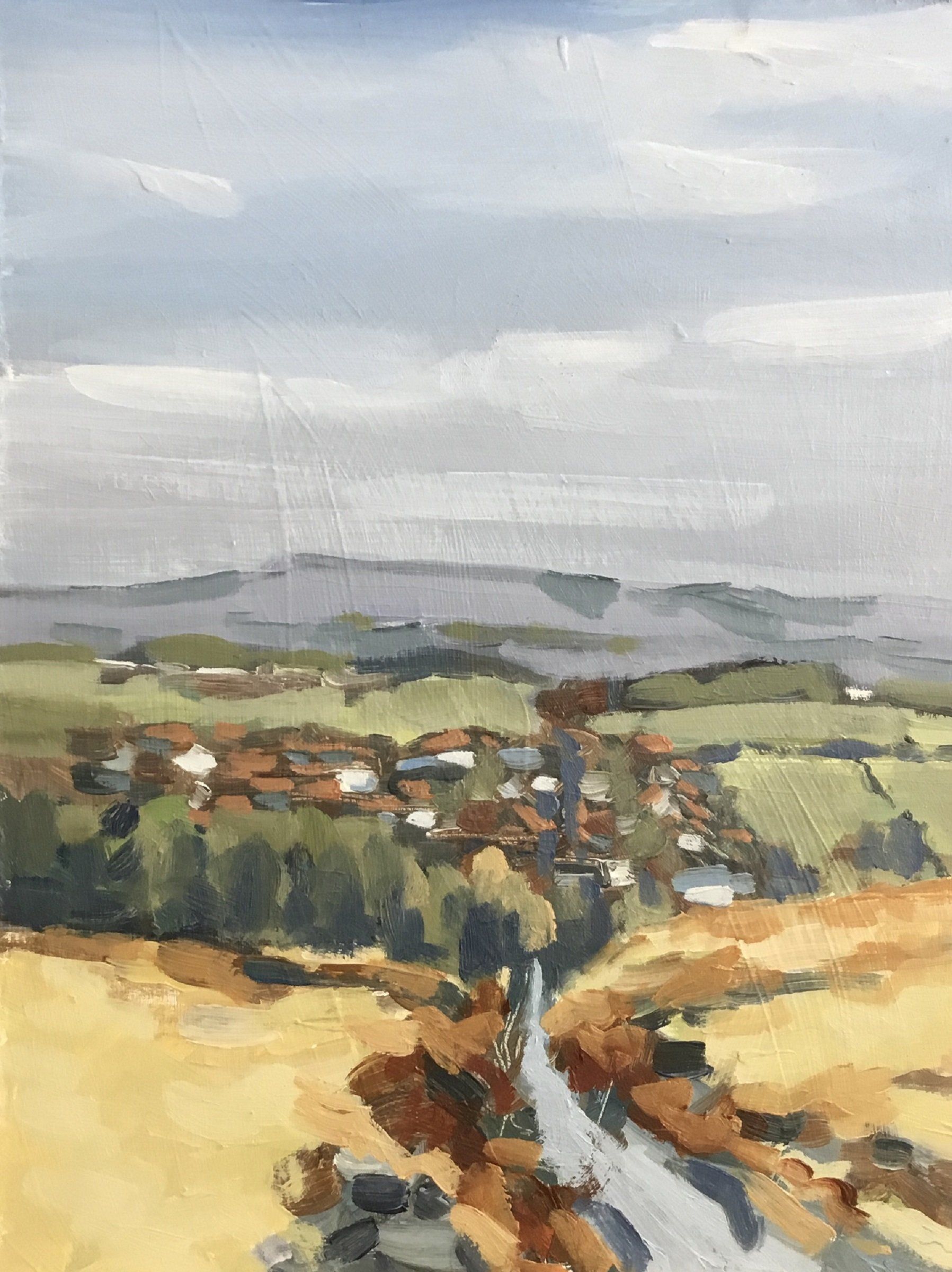 A painting of a landscape with a river running through it.