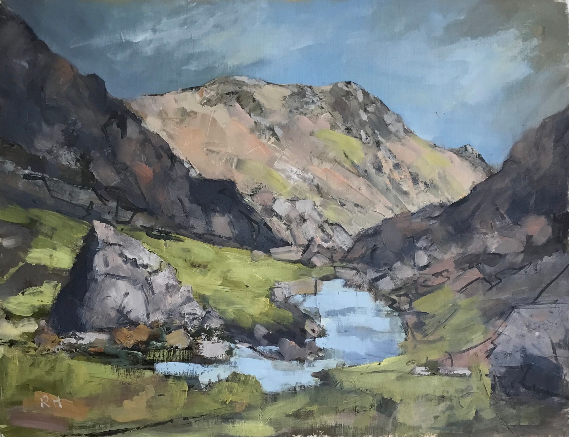 A painting of a mountain valley with a lake in the middle