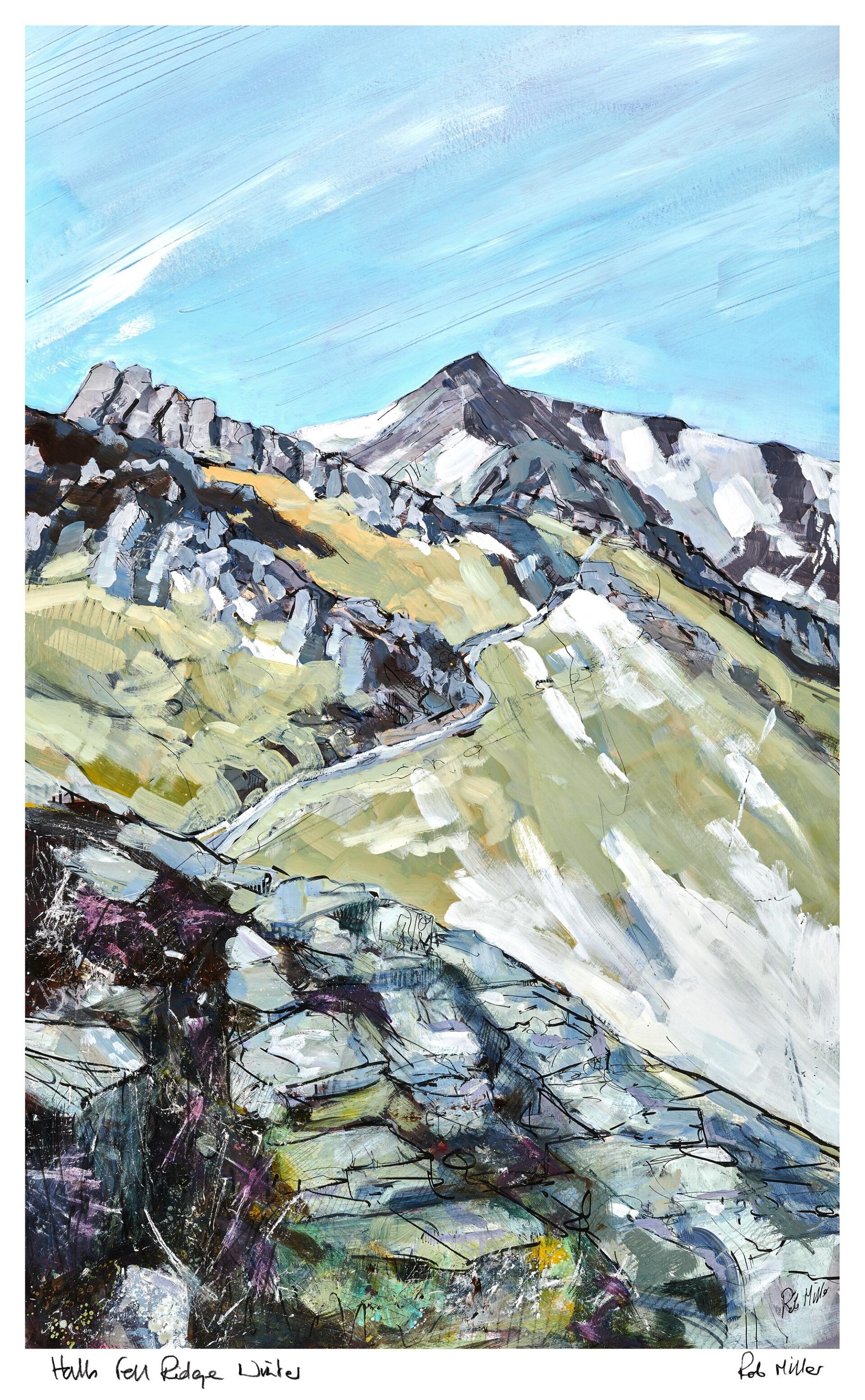 A painting of a mountain with snow on it