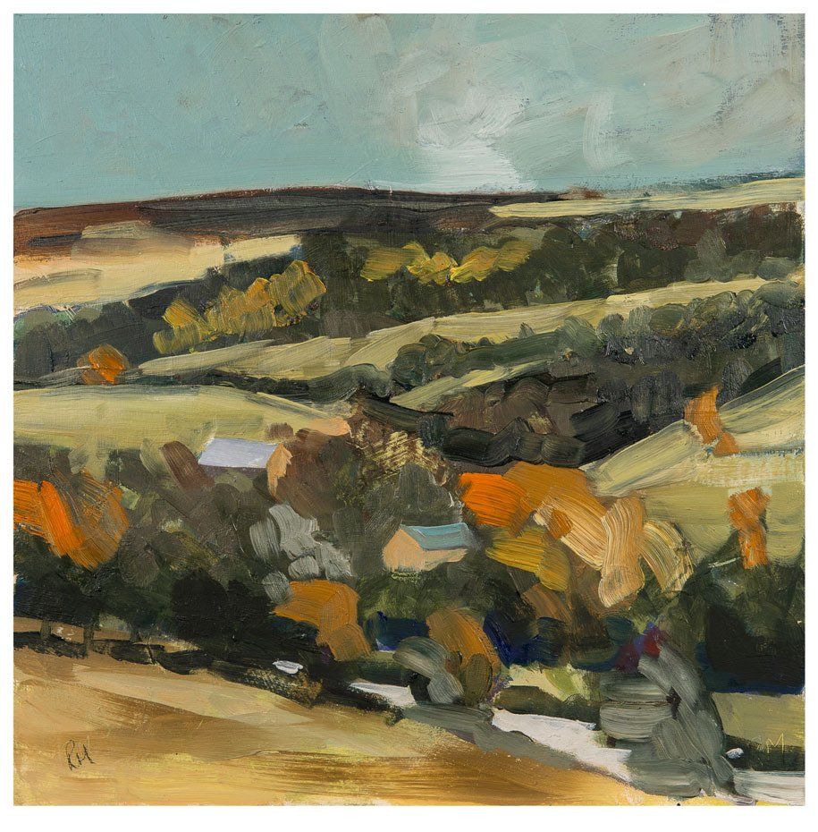 A painting of a landscape with trees and hills