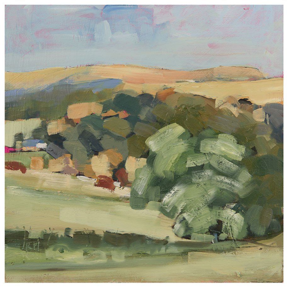 A painting of a landscape with trees and hills