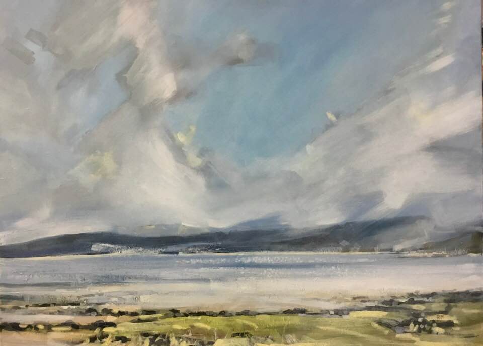 It is a painting of a lake with mountains in the background.