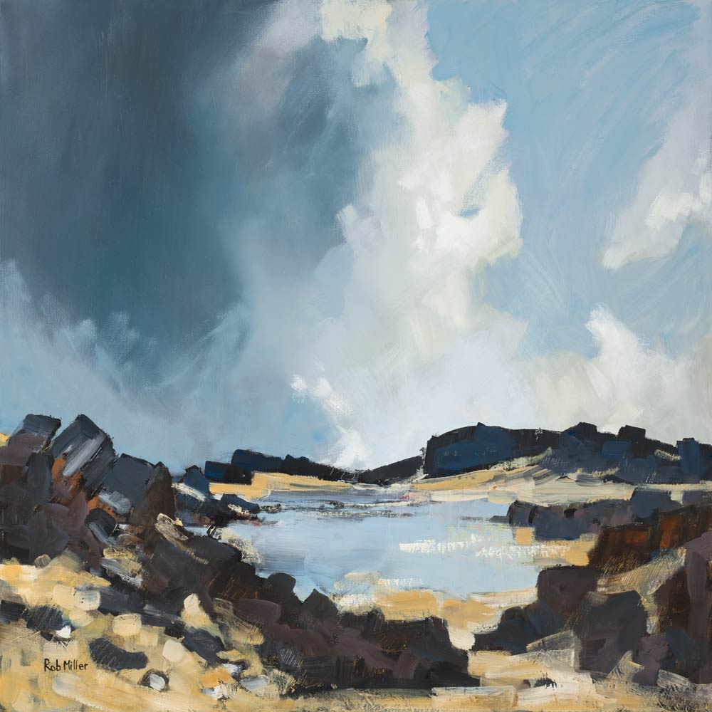 A painting of a lake with rocks and clouds