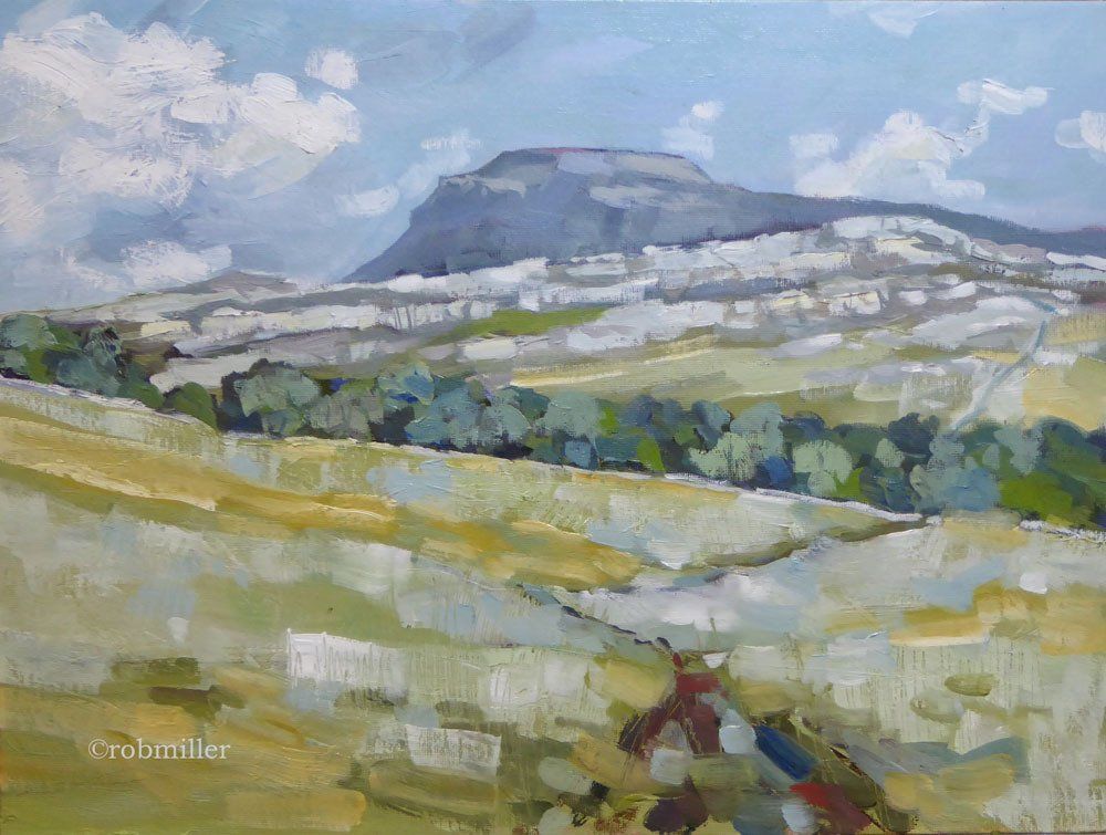 A painting of a landscape with a mountain in the background.