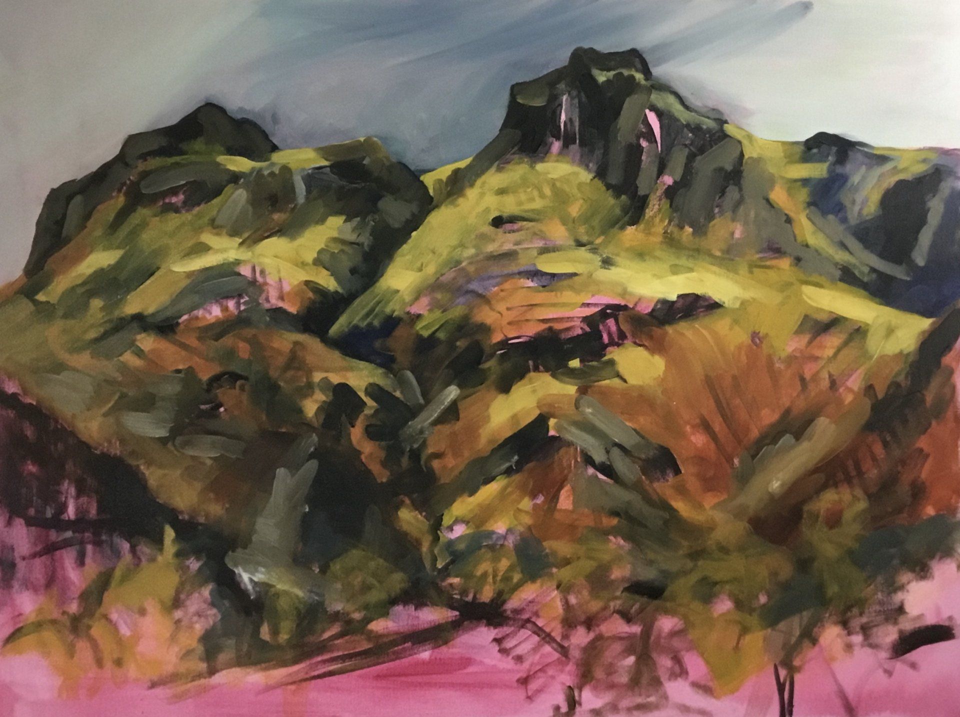 A painting of a mountain range with trees in the foreground