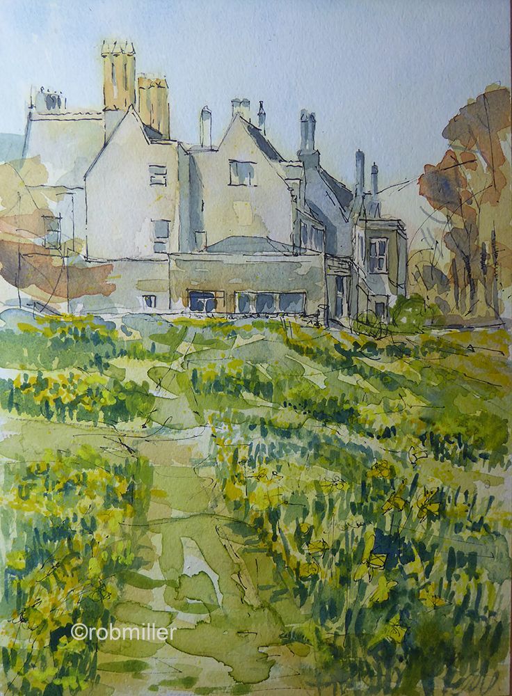 A painting of a house surrounded by flowers and grass