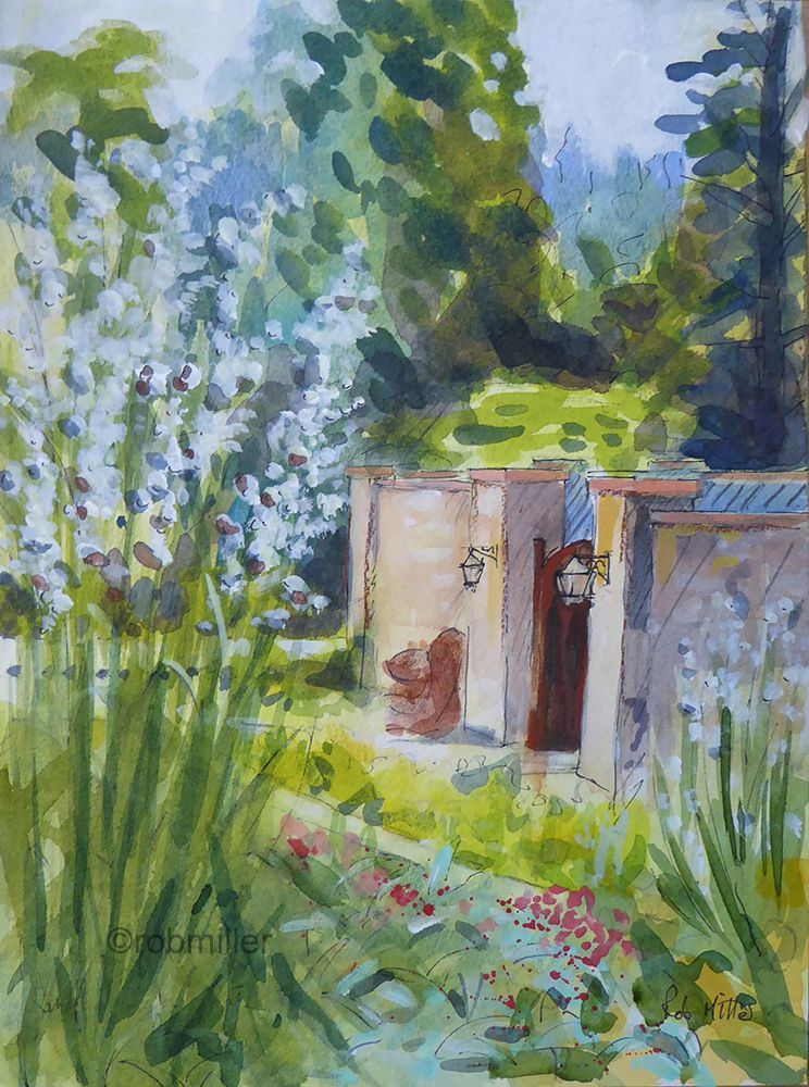 A watercolor painting of a garden with flowers and trees