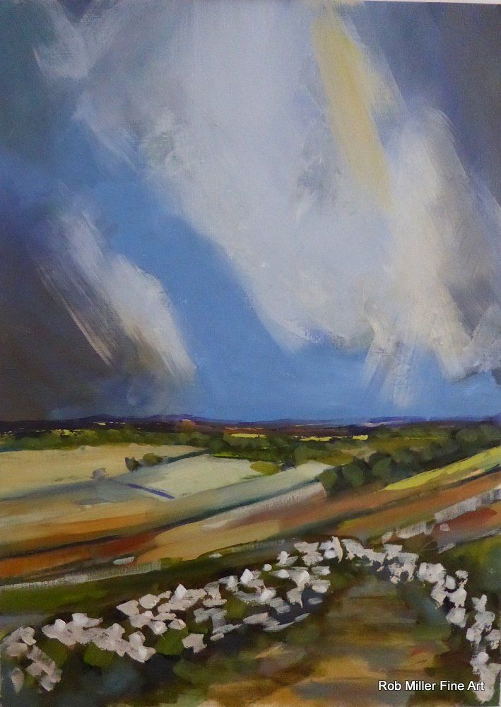 A painting of a landscape with a blue sky and white clouds