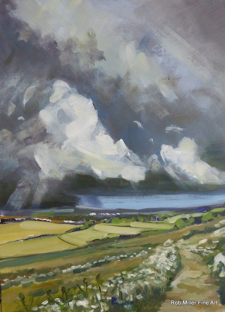 A painting of a landscape with a cloudy sky and a lake in the background.