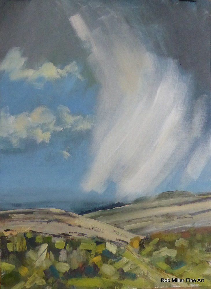 A painting of a landscape with clouds in the sky