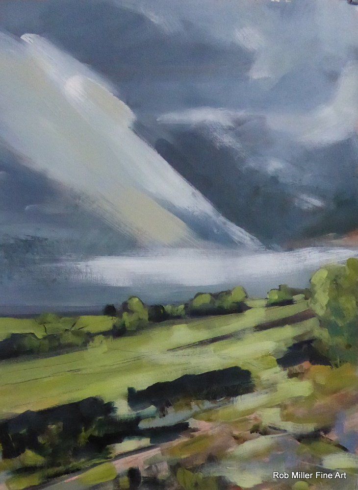 A painting of a landscape with mountains in the background