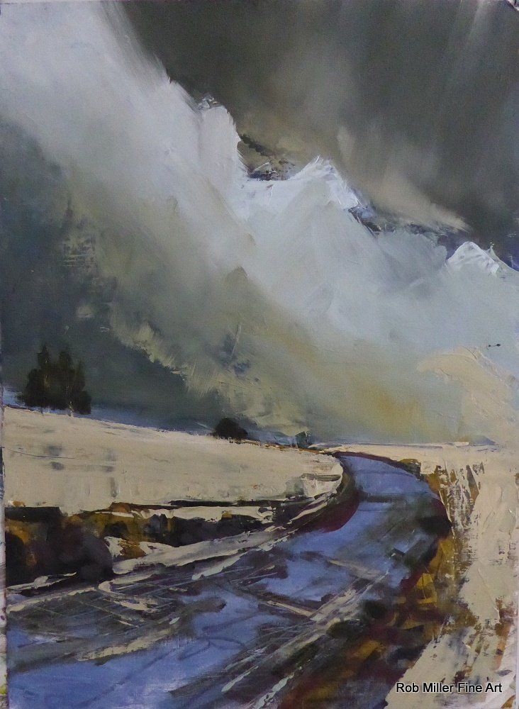 A painting of a river running through a snowy landscape.