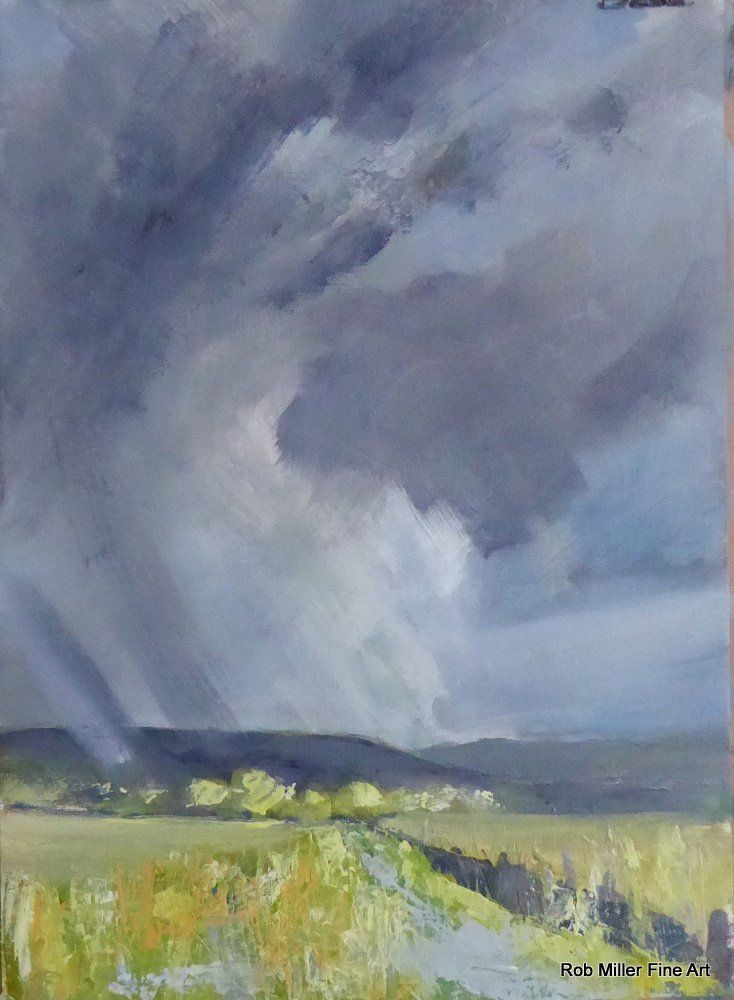 It is a painting of a cloudy sky over a field.