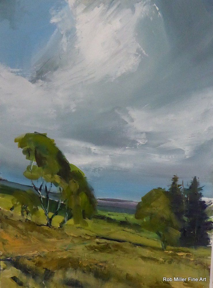 A painting of a landscape with trees and clouds in the sky