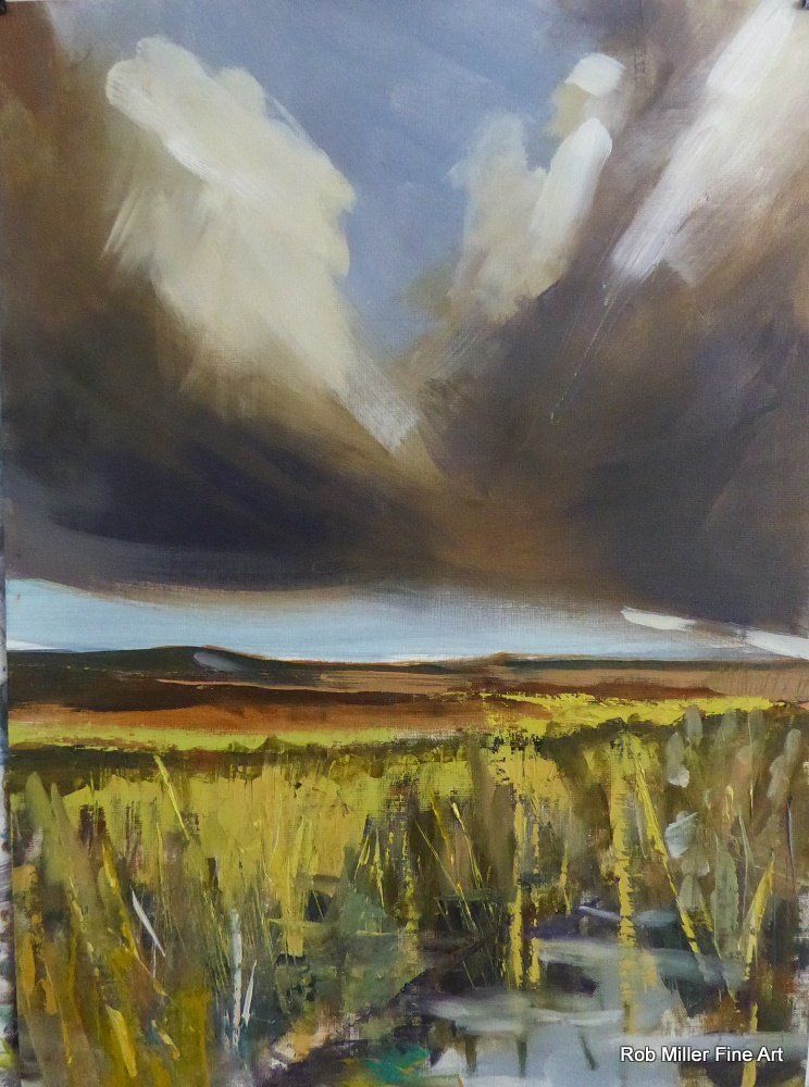 A painting of a field with clouds in the sky