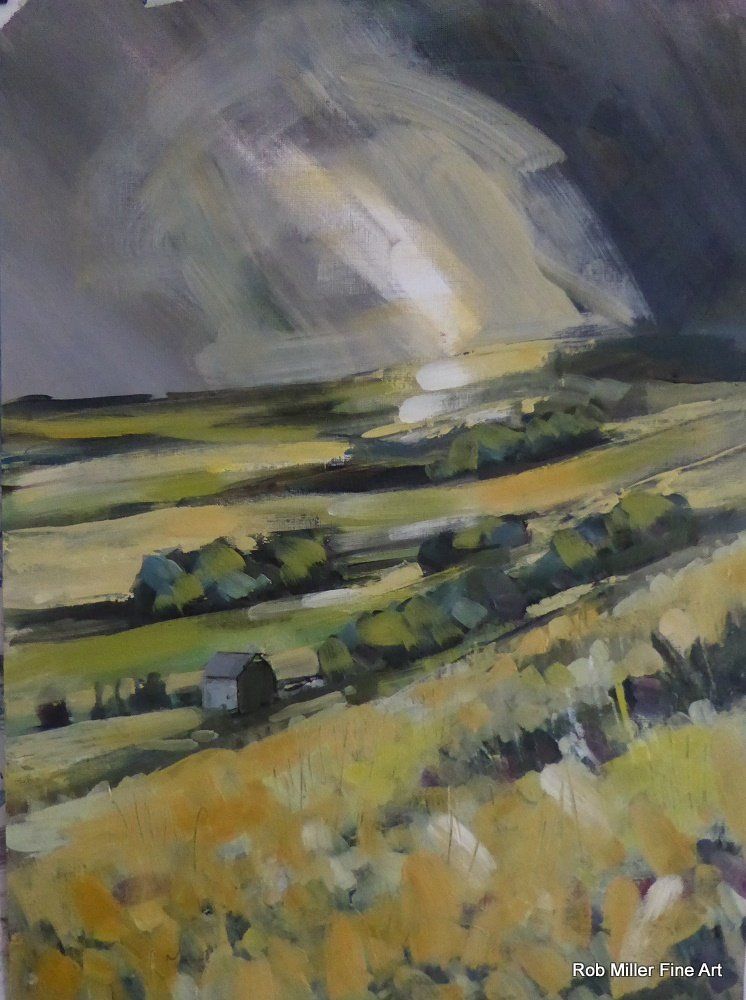 A painting of a field with a cloudy sky in the background