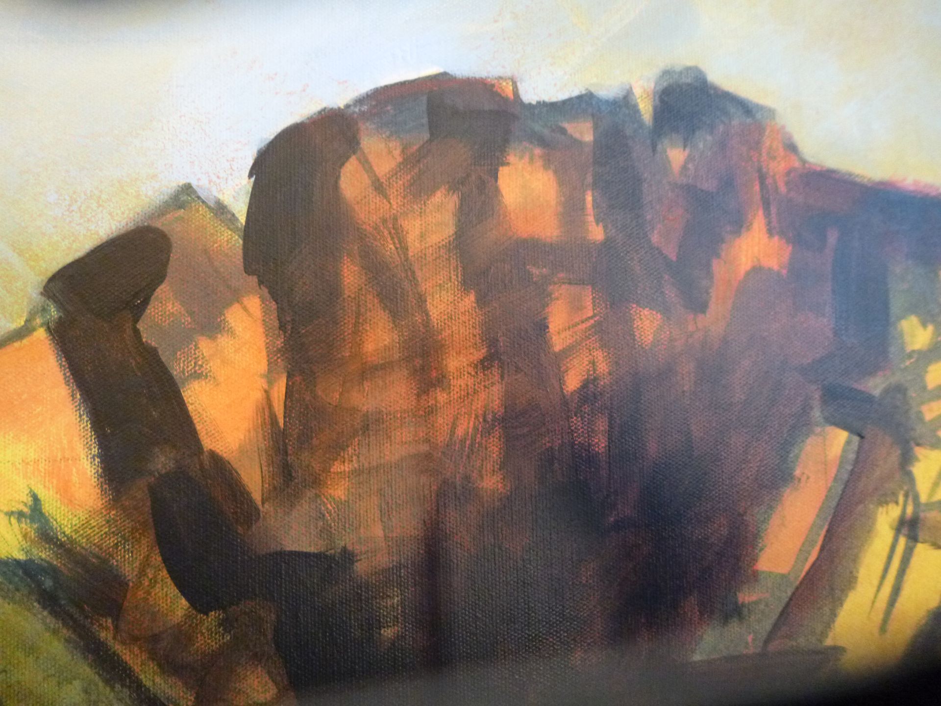 A close up of a painting of a mountain.