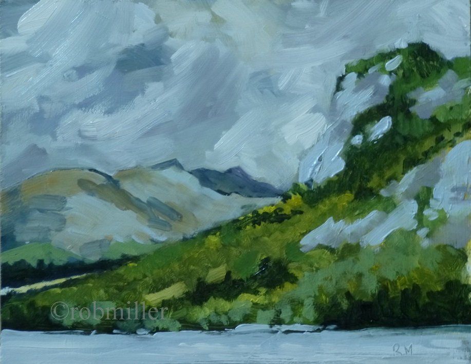 A painting of a landscape with mountains and trees