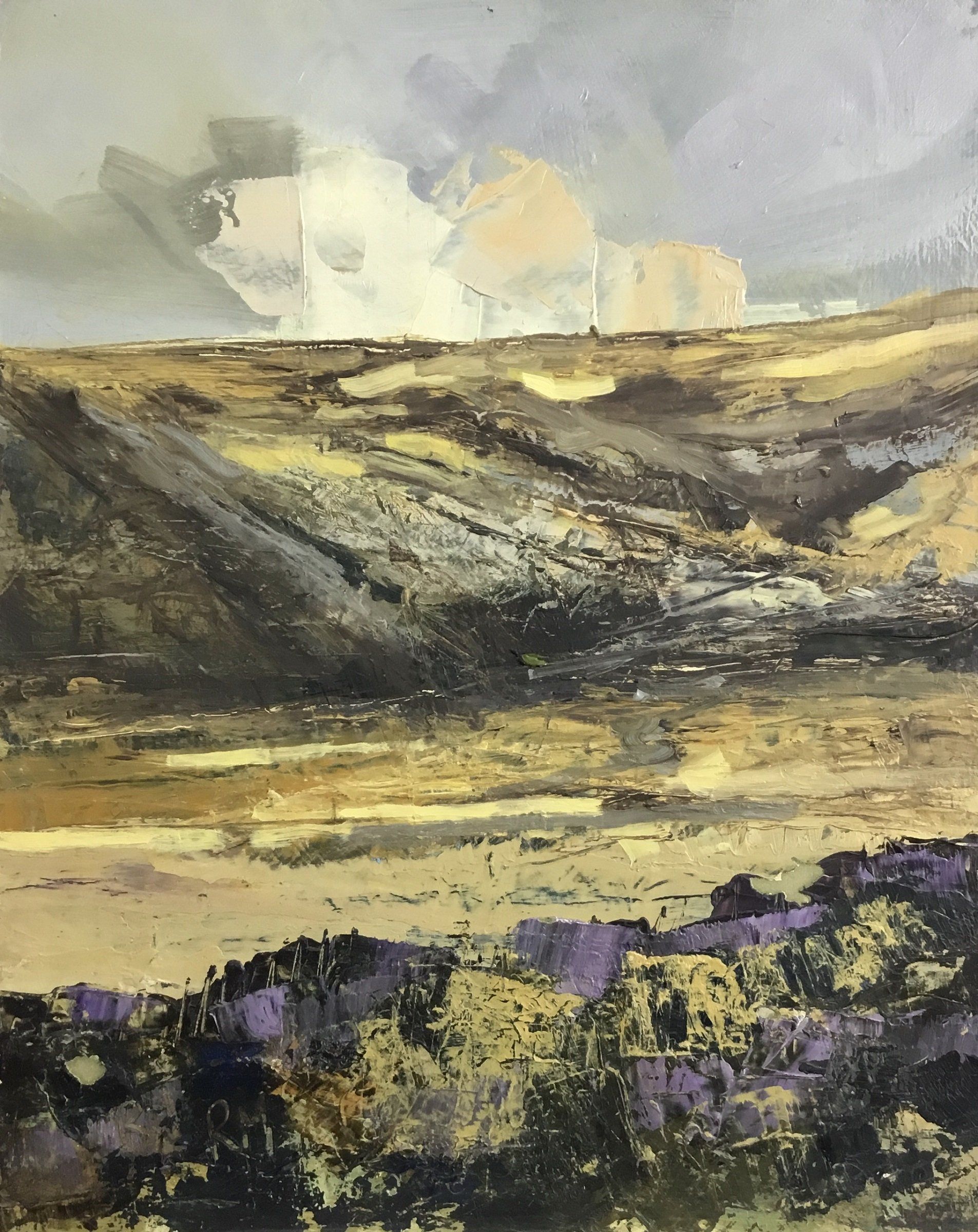 It is a painting of a landscape with mountains in the background.
