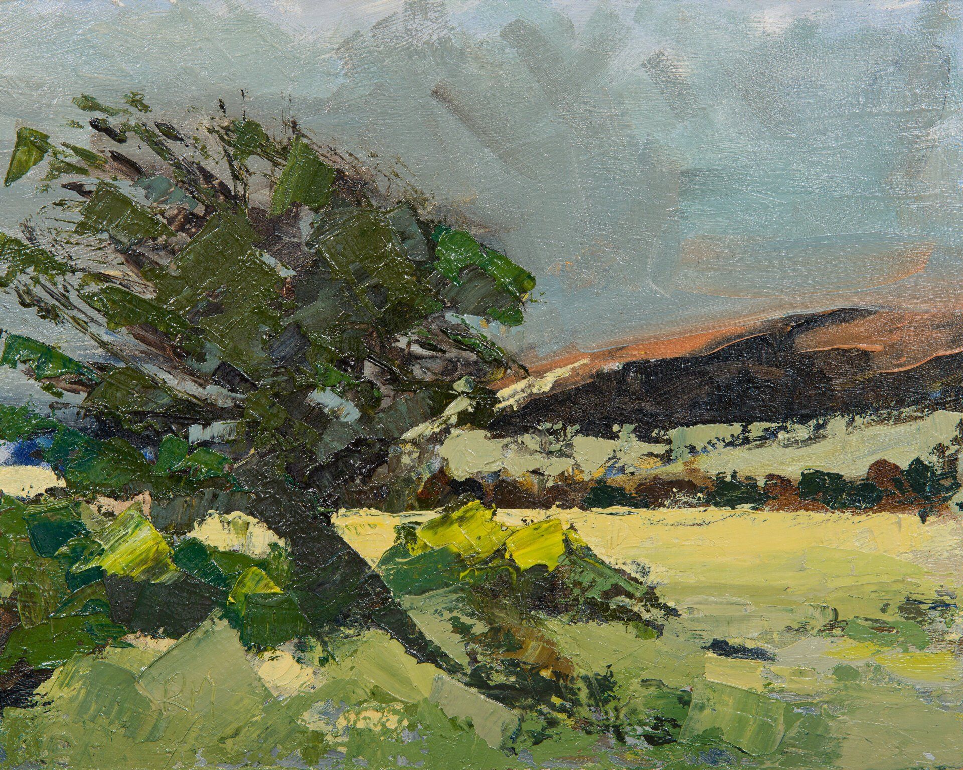 A painting of a tree in a field with mountains in the background