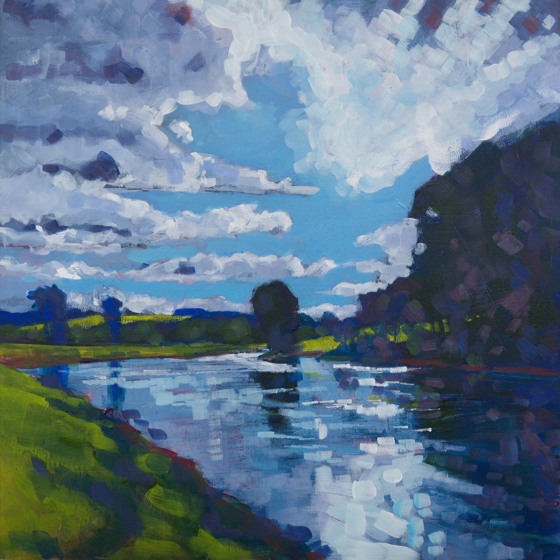 It is a painting of a river with clouds in the sky.