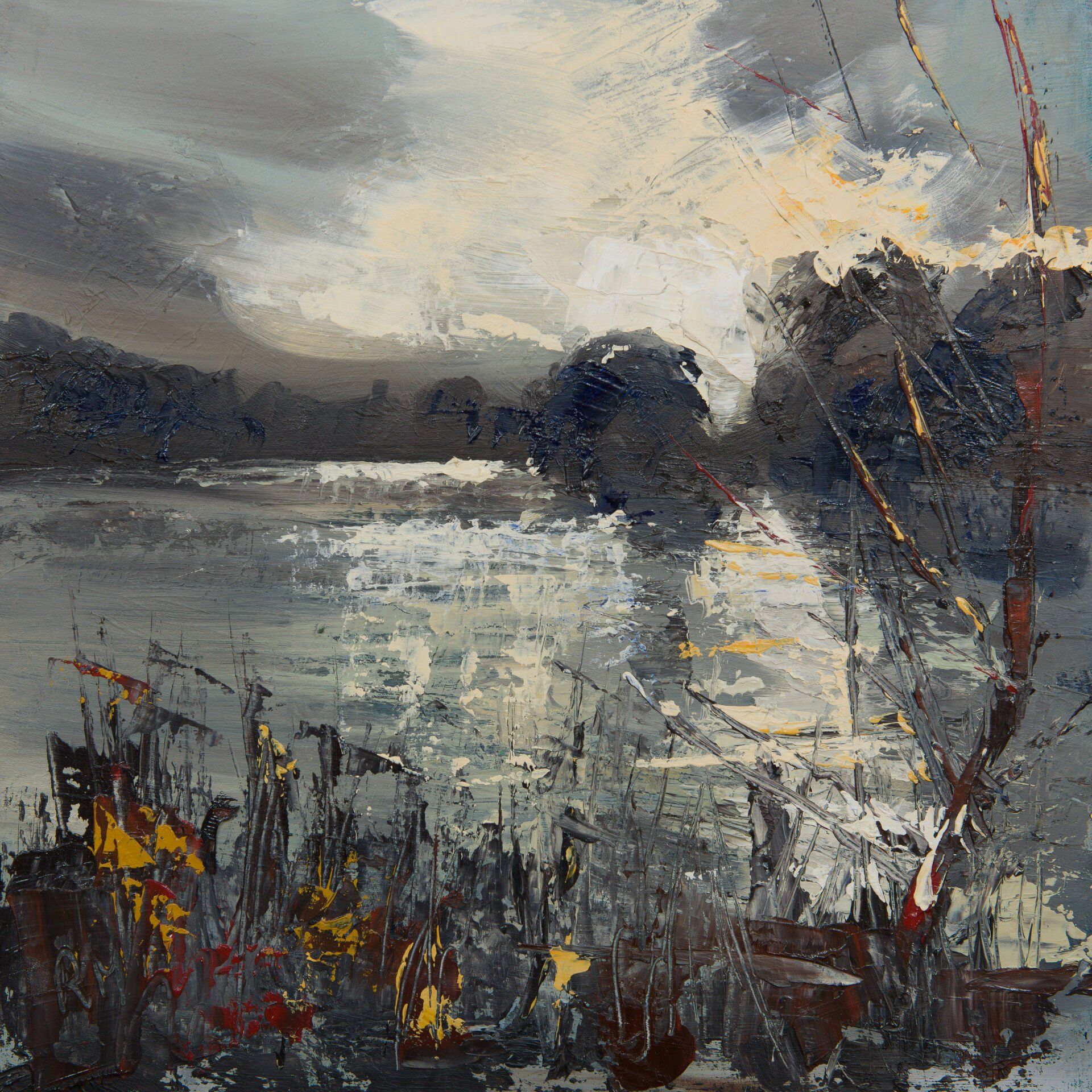 A painting of a lake with trees in the foreground