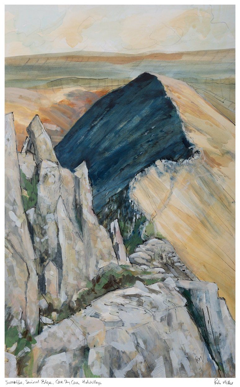 A painting of a mountain with a blue sky in the background.