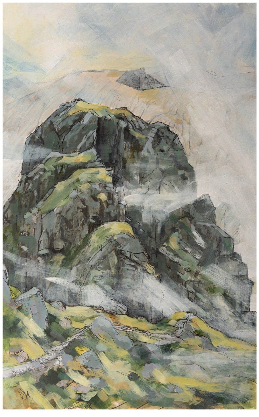 A painting of a mountain covered in rocks and grass.