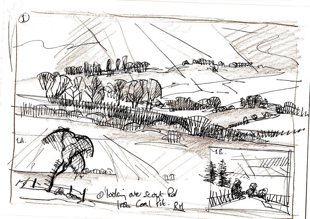 A black and white drawing of a landscape with trees